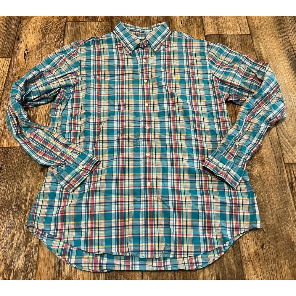 Ralph Lauren Button Down Shirt Large Plaid Blue Red Yellow 100% Cotton